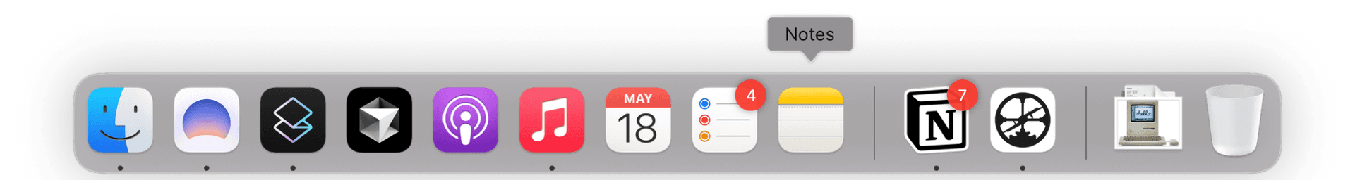 macOS Dock setup showing essential productivity apps including Apple Notes, Superhuman, Perplexity, Cursor, and Raycast for an optimized developer workflow