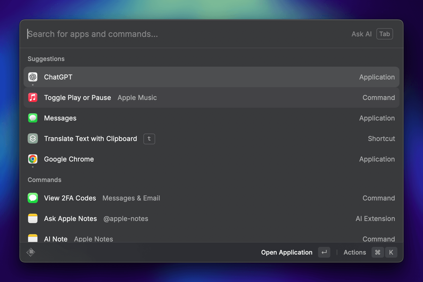 Raycast application launcher interface showing AI integration, quick commands, and productivity shortcuts for Mac users