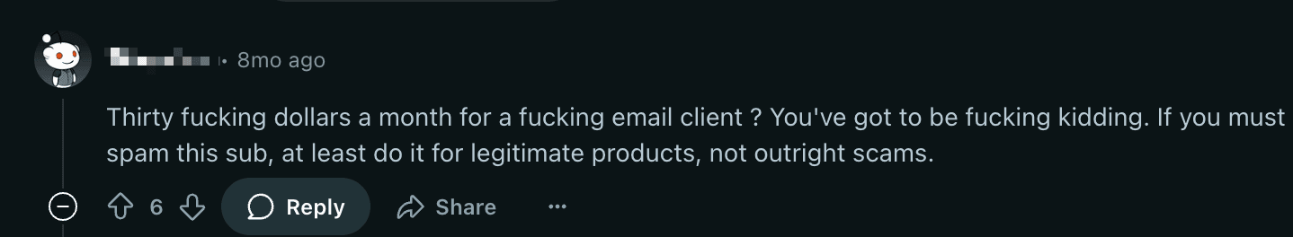 Reddit comment thread discussing Superhuman email client pricing concerns and user opinions about $30 monthly subscription