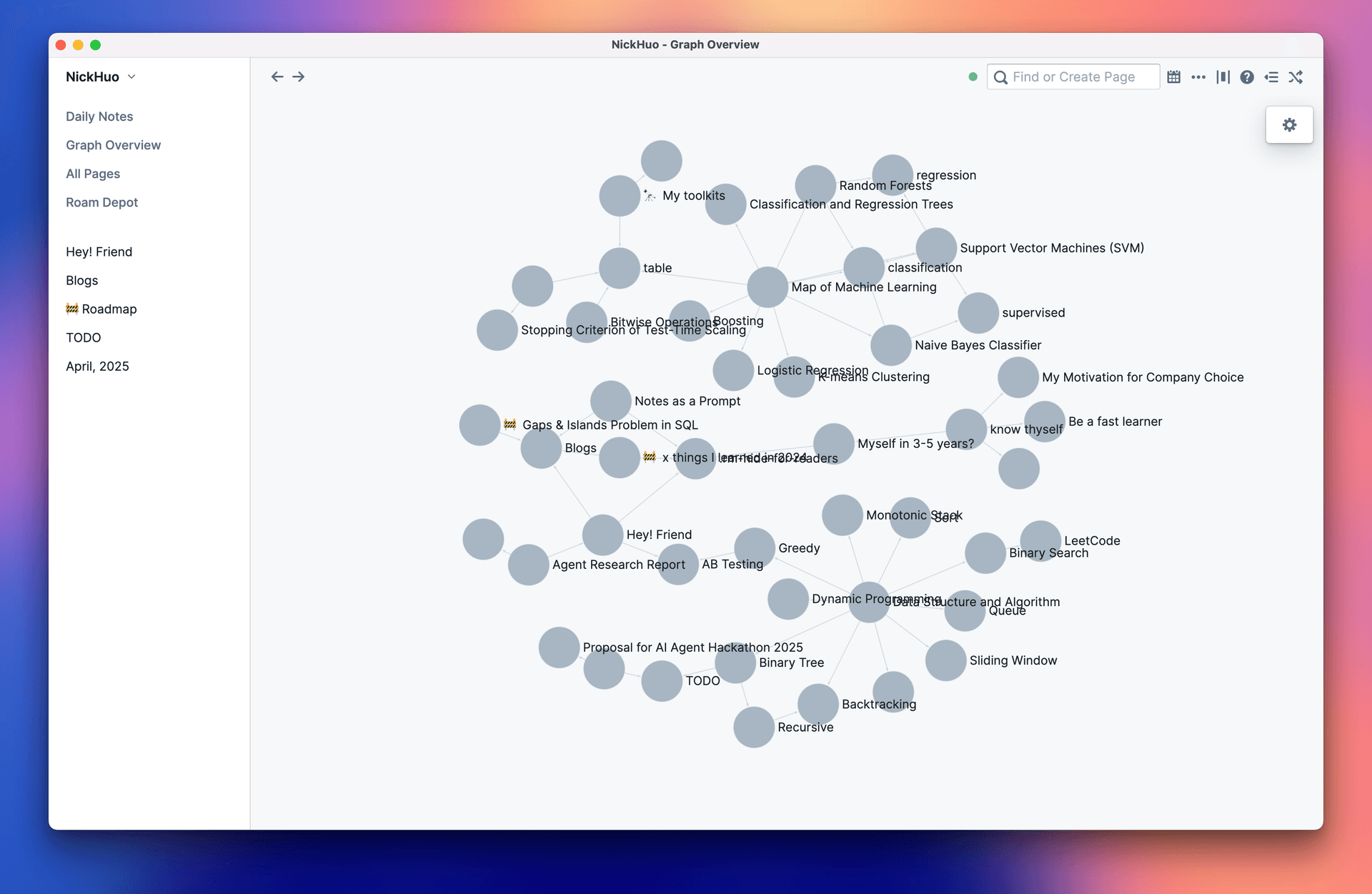 Roam Research note-taking interface demonstrating bidirectional linking and daily work log features for knowledge management