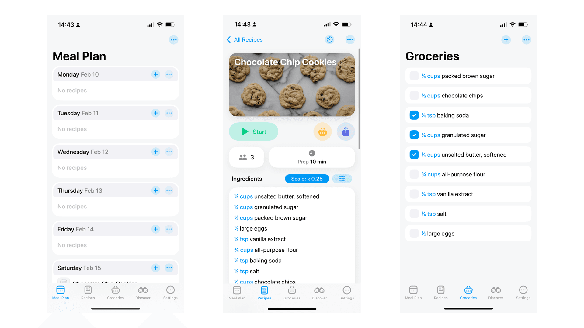 BiteMatch meal planning interface showing weekly calendar view with assigned recipes and nutritional tracking