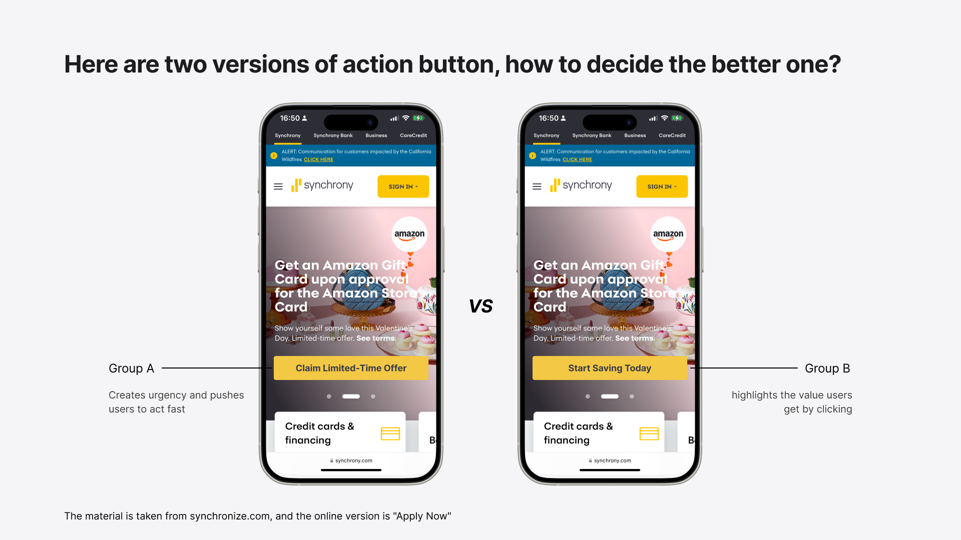 Synchrony CTA Comparison Example