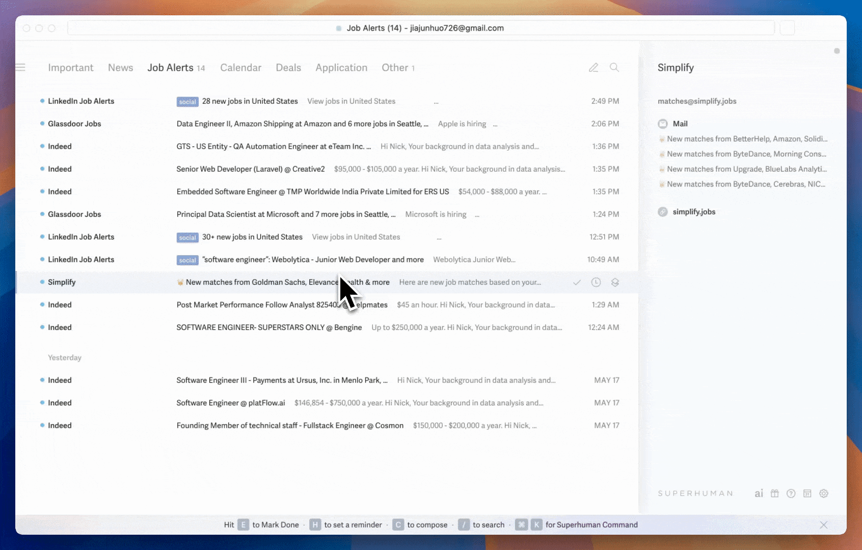 Animated demonstration of Superhuman email client showcasing keyboard shortcuts, fast email processing, and AI-powered features
